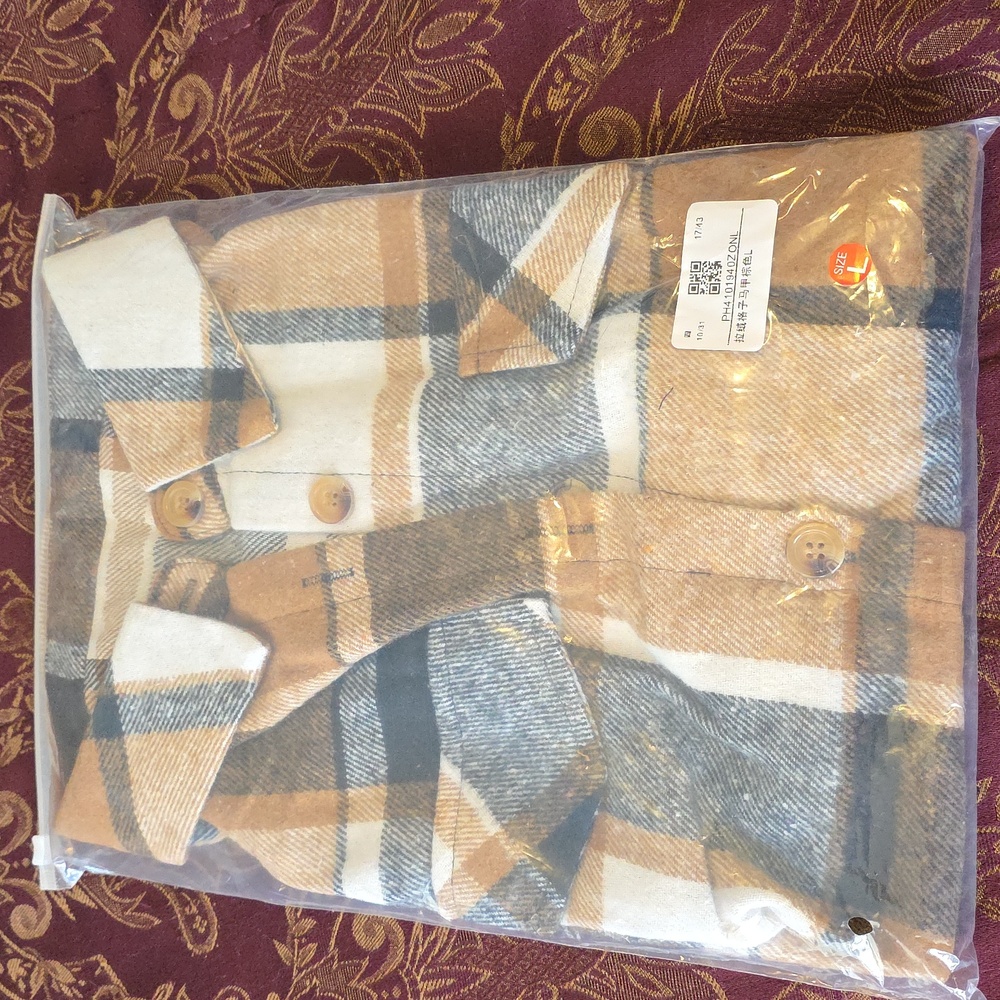Tan Plaid Flannel Shirt , Size Large, New In Bag. Untocuhed! Fast Shipper. - Picture 6 of 6